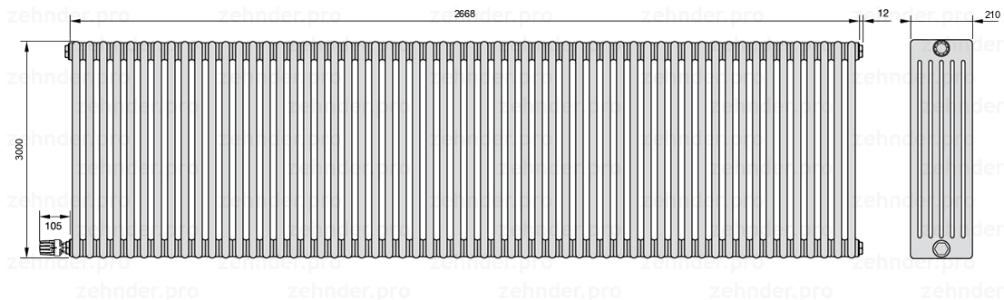 Схема (чертеж) Радиатор Zehnder Charleston 6300/58 №V003 Белый глянцевый RAL 9016